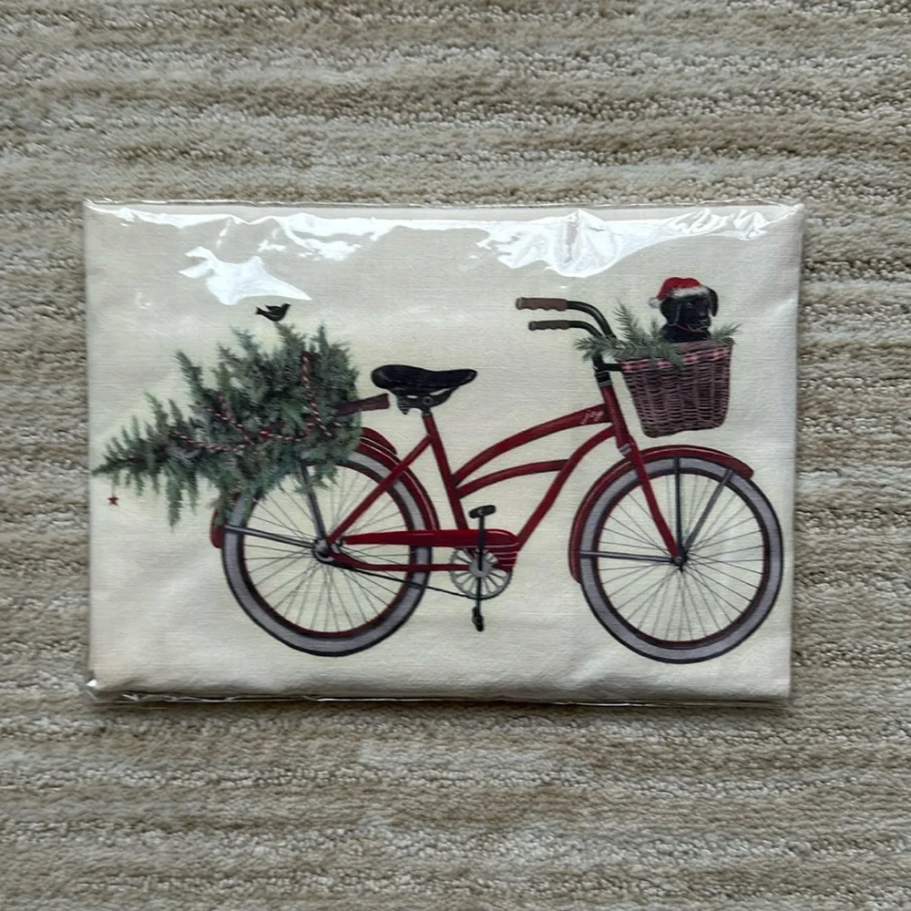 Mary Lake-Thompson Red Christmas Bike Black Labrador Dog Flour Sack Dish Towel